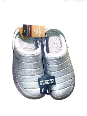 Rugged Shark Silver Glitter Cozy Faux-Shearling Clog Mules